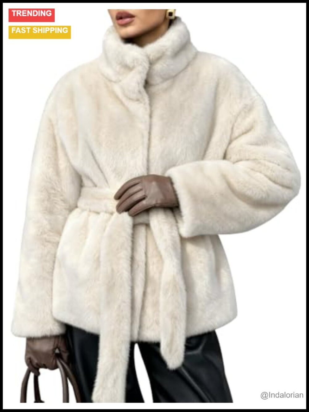 Womens Faux Fur Coat Long Warm Belted Fluffy Jacket
